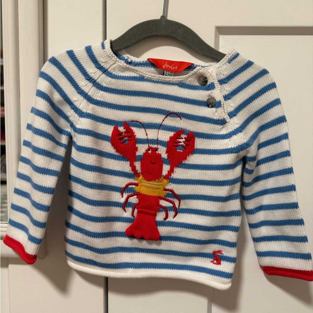 Joules Kids Blue and White Striped Sweater with Red Lobster